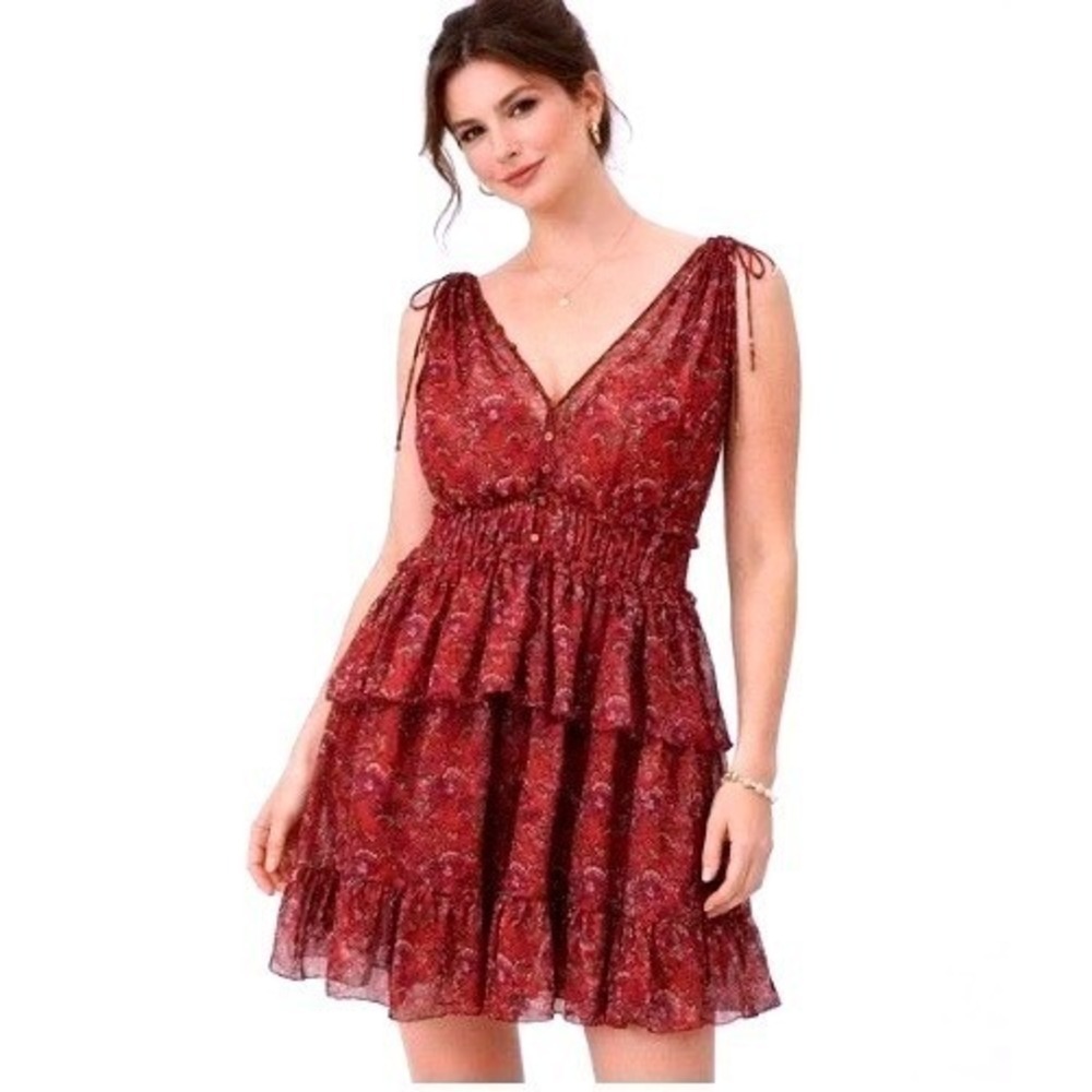 Ulla Johnson Noelle Silk Mini Dress Floral Ruffle Smocked Red Size 4 Fall Colors